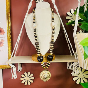 Vintage Ethnic Tribal Necklace, Boho Shell Beads, Brown Neutral, Statement Piece